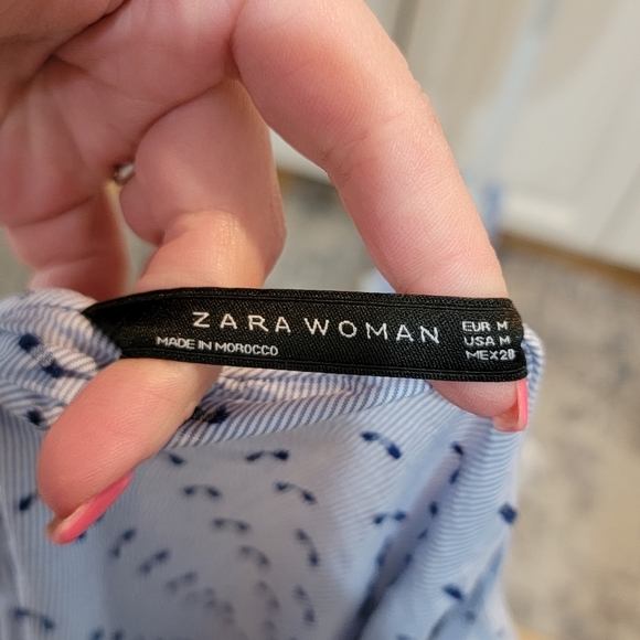 Zara Blue Swiss dot striped long sleeve wrap blouse.  Size medium - Picture 2 of 13